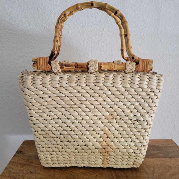 CAPPELLI STRAWORLD Raffia Floral Handbag with Bamboo Handles - Picture 8 of 11